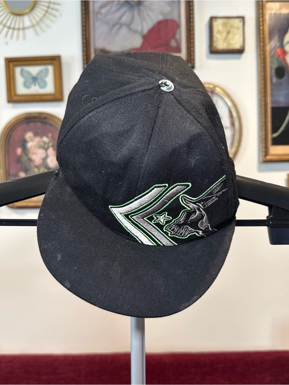 Metal Mulisha Y2K Black Cap with Green and White Embroidered Graphic